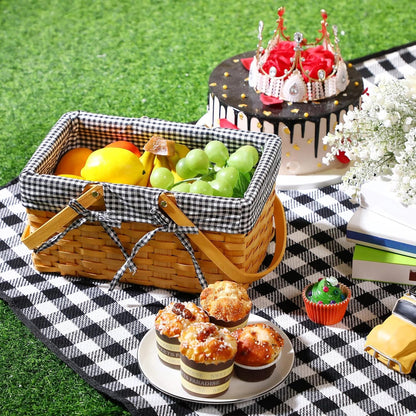 Picnic Basket Natural Woven Woodchip Basket with Double Folding Handles with Gingham Fabric, Picnic Blanket Handy Picnic Mat for Easter Camping on Grass Supplies (Black and White Grid)